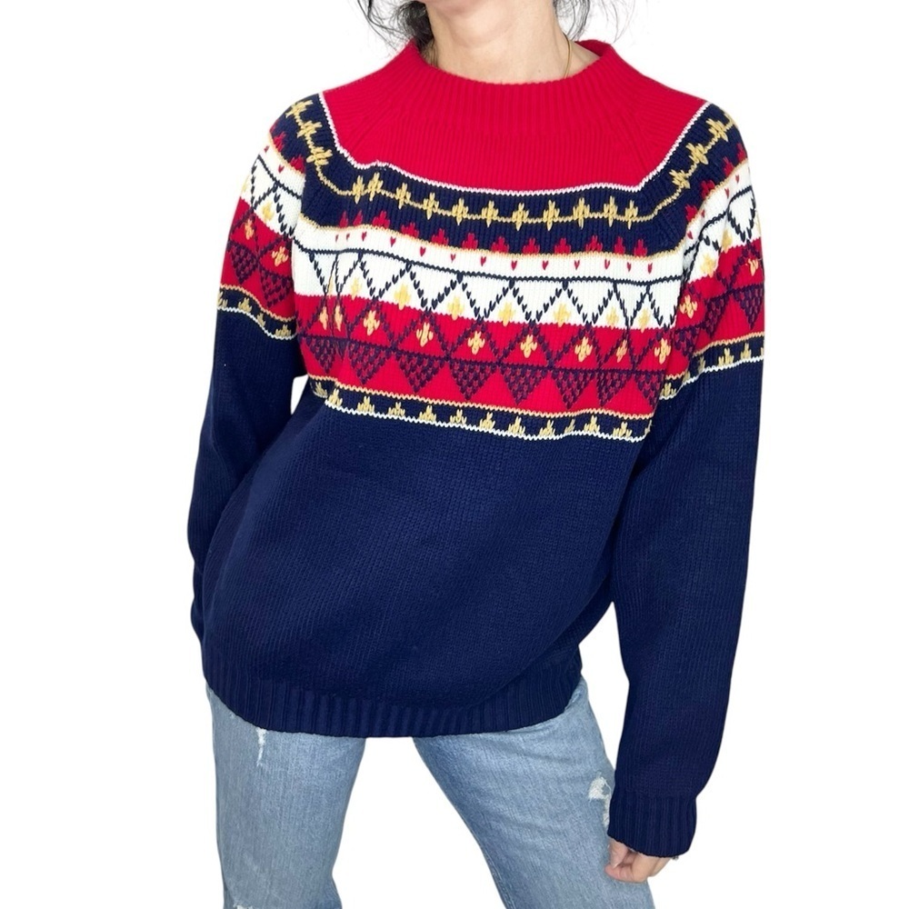Vintage 80s 90s red white blue fair isle knit ski sweater M - Picture 3 of 10